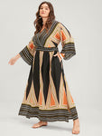 Pocketed Shirred Wrap Dolman Sleeves Geometric Print Dress