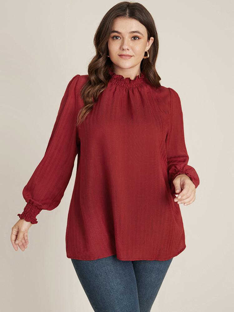 

Plus Size Women Dailywear Plain Shirred Regular Sleeve Long Sleeve Mock Neck Elegance Blouses BloomChic, Burgundy