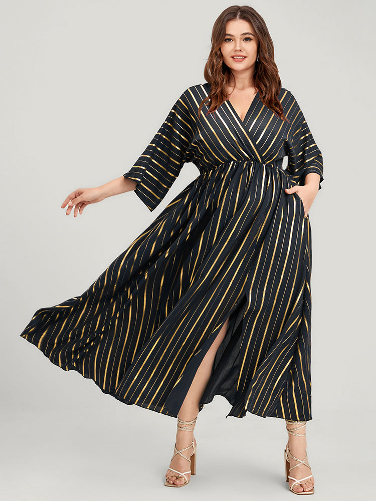 

Plus Size Women Going out Striped Pocket Dolman Sleeve Half Sleeve V Neck Pocket Party Dresses BloomChic, Black