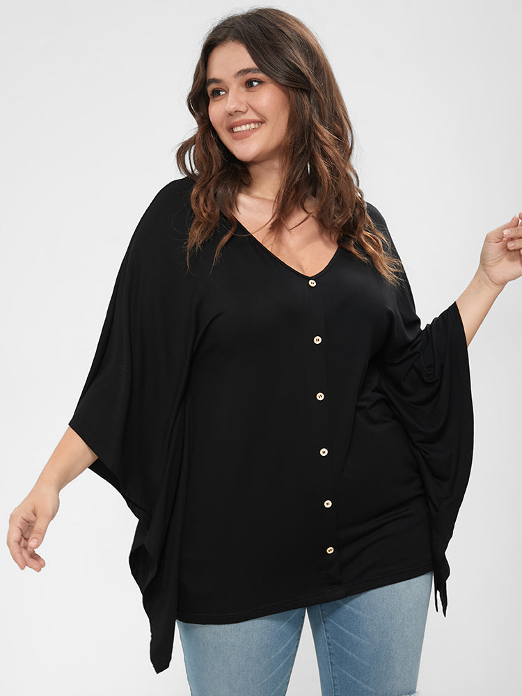 

Plus Size Women Dailywear Plain Button Dolman Sleeve Three Quater Length Sleeve Round Neck Casual T-shirts BloomChic, Black