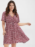 Flutter Sleeves Wrap Shirred Floral Print Dress