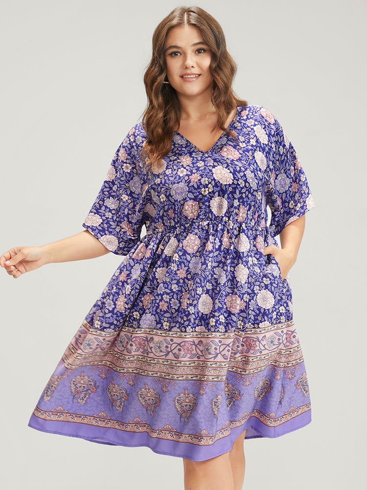 

Plus Size Women Dailywear Bohemian Print Pocket Regular Sleeve Short Sleeve V Neck Pocket Elegance Dresses BloomChic, Blue-violet