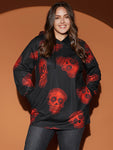 Halloween Skull Print Pocket Drawstring Hooded Sweatshirt