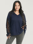 Solid Mesh Lantern Sleeve V Neck Rib Knit Sweatshirt