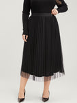 Solid Mesh Elastic Waist Pleated Skirt