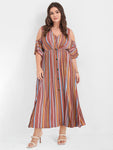 Pocketed Cold Shoulder Sleeves Maxi Dress With Ruffles