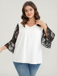 Solid Patchwork Floral Flounce Sleeve V Neck Blouse