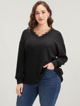 Solid V Neck Lace Trim Drop Shoulder Sweatshirt