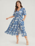 Floral Pocket Button Ties Ruffled Split Wrap Midi Dress