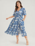 Pocketed Wrap Floral Print Midi Dress With Ruffles