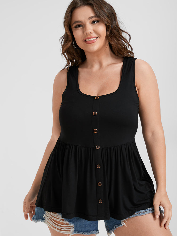 

Plus Size Women Dailywear Plain Button Sleeveless Scoop Neck Elegance Tank Tops Camis BloomChic, Black