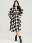 V-neck Pocketed Belted Plaid Print Midi Dress