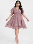 Ditsy Floral Ruffles Tiered V Neck Knee Dress