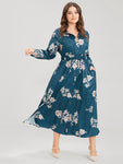 Collared Floral Print Shirred Pocketed Dress