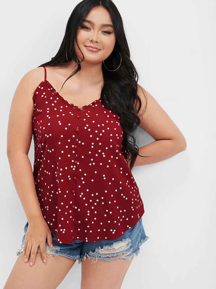 

Plus Size Women Dailywear Polka Dot Frill Trim Sleeveless Spaghetti Strap Elegant Tank Tops Camis BloomChic, Red