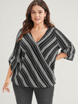 Striped Button Cuffed Sleeve Wrap Blouse