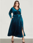 Wrap Belted Pocketed Lace Trim Maxi Dress