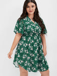 V-neck Short Floral Print Pocketed Dress With Ruffles