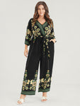 Elasticized Waistline Floral Print Belted Pocketed Wrap Jumpsuit