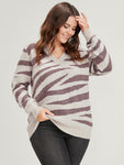 Zebra Print Contrast Pointelle Knit V Neck Knit Top