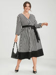 Striped Print Belted Wrap Pocketed Dress