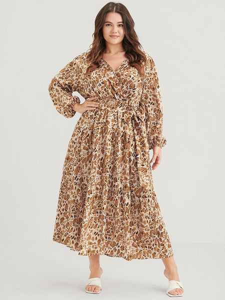 V-neck Pocketed Belted Animal Leopard Print Maxi Dress With Ruffles