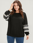 Plain Geometric Tape Fringe Trim Drop Shoulder Sweatshirt