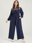Pocketed Embroidered Belted Jumpsuit