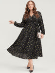 Feather Print Lantern Sleeve Pocket Wrap Belted Dress