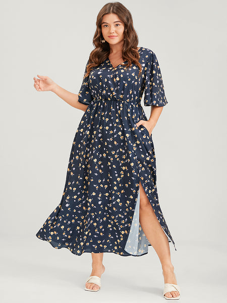 Wrap Pocketed Floral Print Maxi Dress With Ruffles