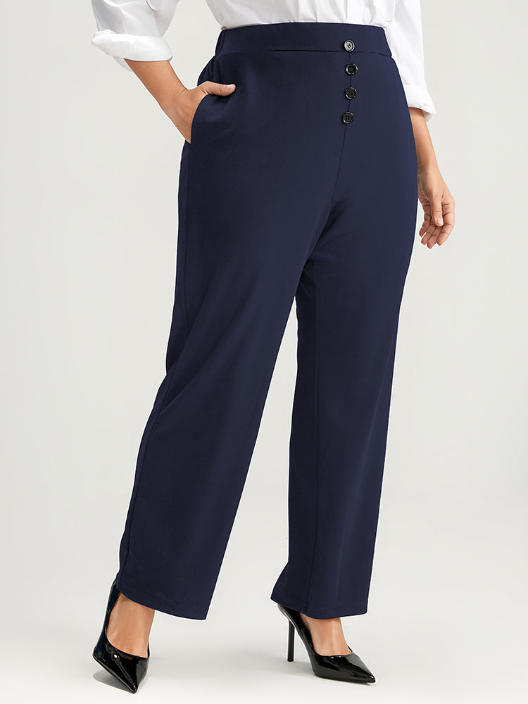 

Plus Size Women Workwear Plain Button High Rise Pocket Workleisure Pants BloomChic, Indigo