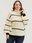 Striped Contrast Pointelle Knit Lantern Sleeve Funnel Neck Knit Top