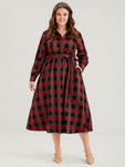 Tartan Button Front Pocket Shirt Collar Belted Dress