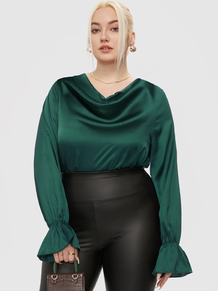 

BloomChic Blouses Cowl Neck Satin Flounce Sleeve Blouse, Dark green