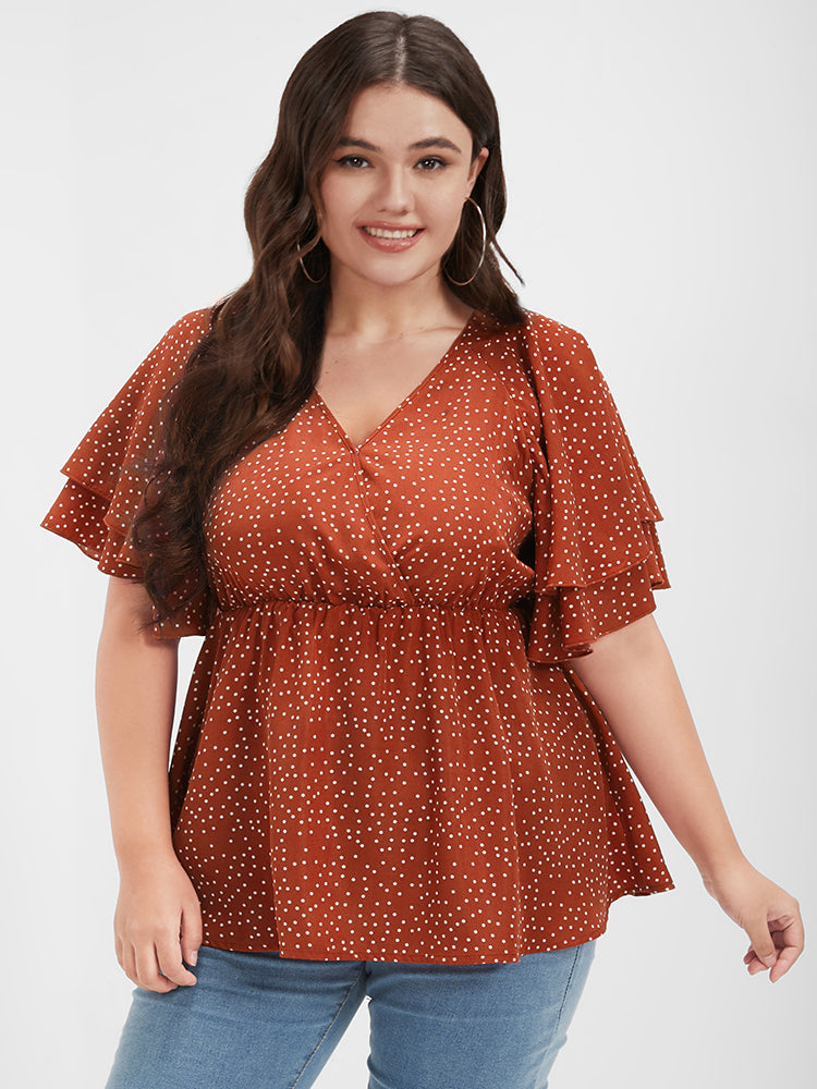 

Plus Size Women Dailywear Polka Dot Wrap Ruffle Sleeve Short Sleeve V Neck Elegance Blouses BloomChic, Rust