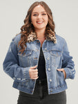 Leopard Print Pocket Button Front Medium Wash Denim Jacket