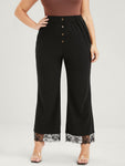 Solid Fake Button Scalloped Lace Trim Elastic Waist Pants
