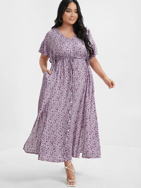 Pocketed Floral Print Maxi Dress With Ruffles