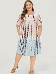 Colorblocking Pocketed Tie Dye Print Crew Neck Dress