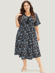Pocketed Dolman Sleeves Lace Floral Print Dress