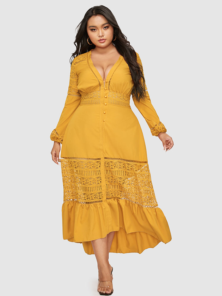 

BloomChic Dresses Guipure Lace Insert Button Ruffle Dress, Yellow
