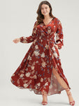 Floral Print Wrap Pocketed Shirred Dress With Ruffles