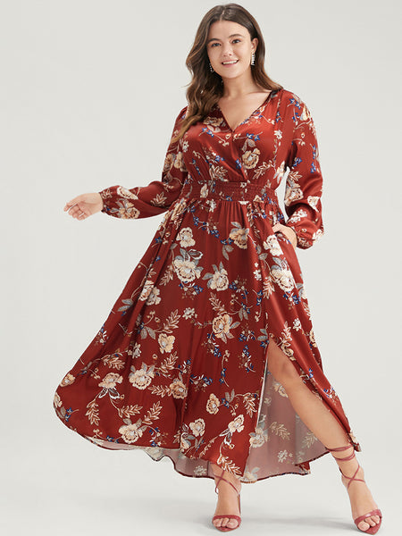Floral Print Shirred Pocketed Wrap Dress With Ruffles