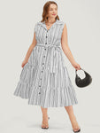 Sleeveless Belted Pocketed Striped Print Dress