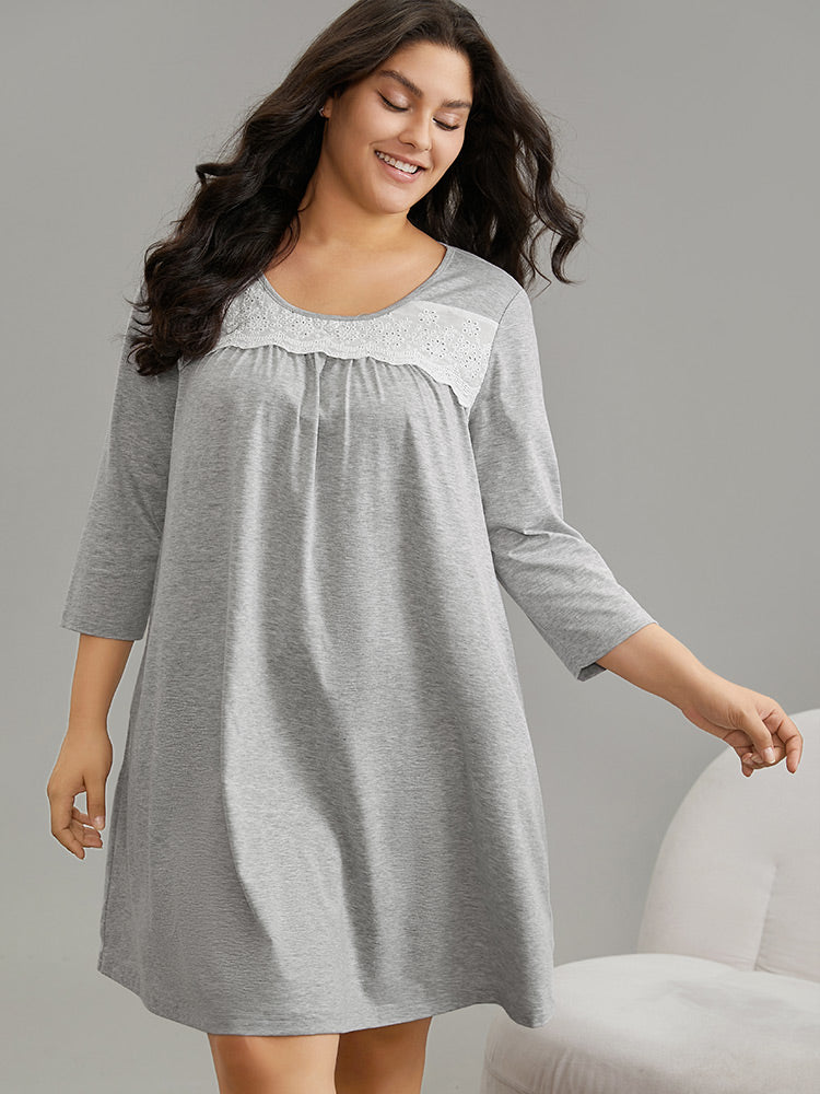 

Plus Size Loungewear | Guipure Lace Pocket Gathered Sleep Dress | BloomChic, Light gray