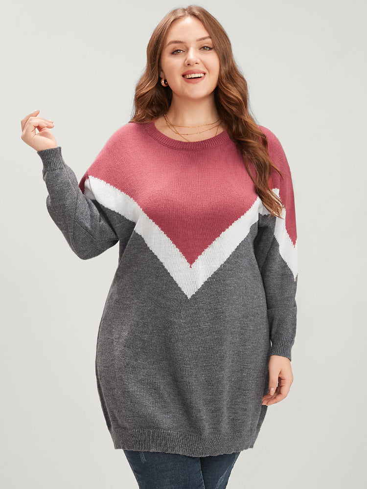 

Colorblock Contrast Pointelle Knit Round Neck Mid Long Knit Top BloomChic, Burgundy