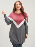Colorblock Contrast Pointelle Knit Round Neck Mid Long Knit Top