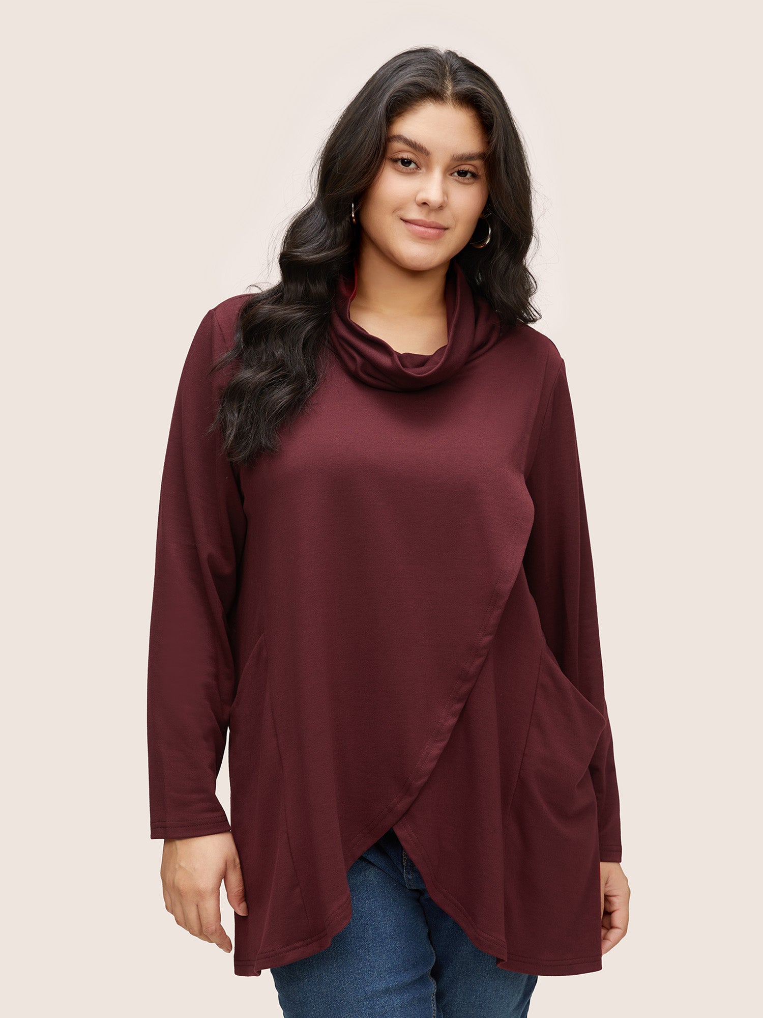 

Plus Size Women Everyday Plain Non Regular Regular Sleeve Long Sleeve Turtleneck Pocket Casual Sweatshirts BloomChic, Burgundy