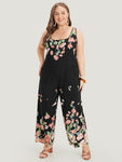 Square Neck Floral Print Pocketed Back Zipper Jumpsuit