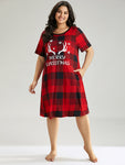 Christmas Elk Print Crew Neck Pocket Sleep Dress